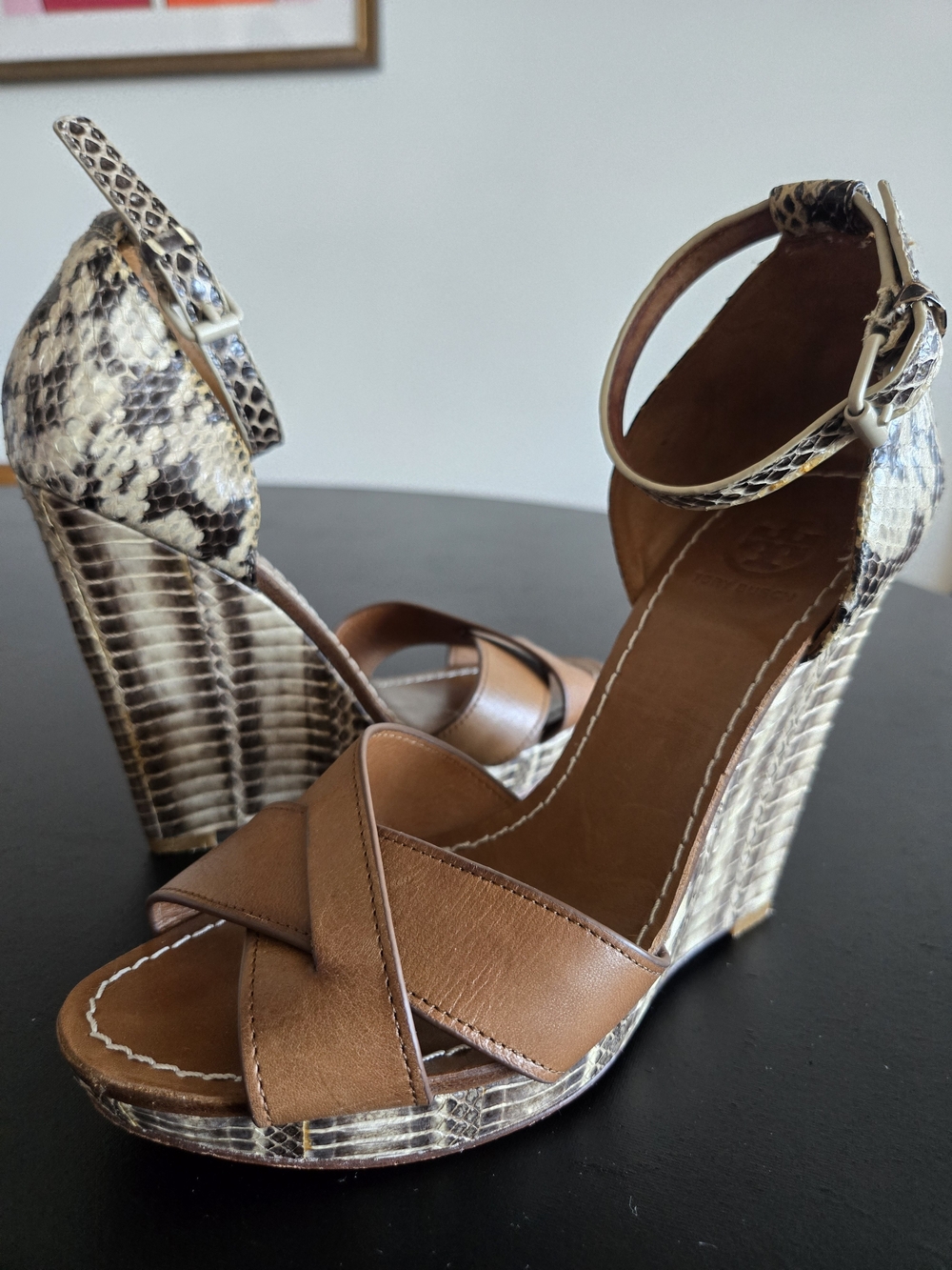 Tory Burch Snakeskin Leather Ankle Strap Wedge Sandals Size 6.5M